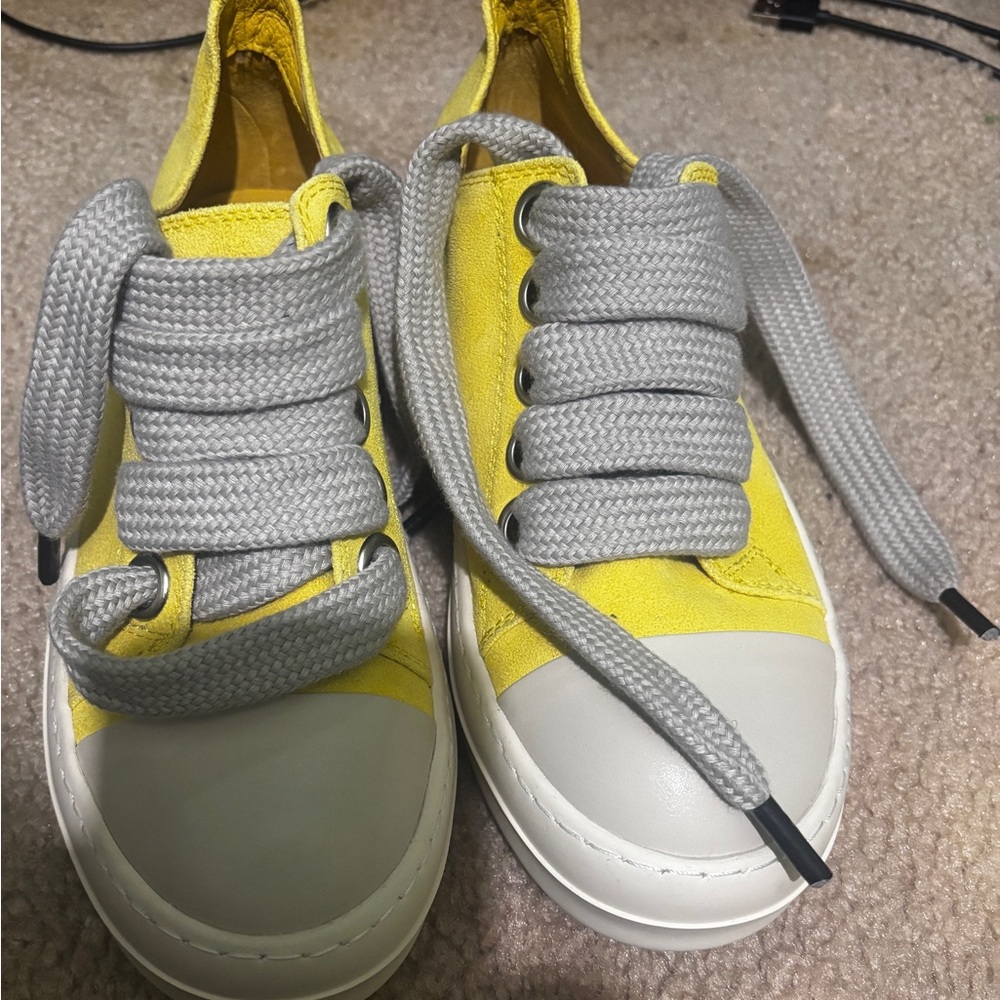 Rick Owens Yellow Canvas Low-Top Sneakers with Gray Laces